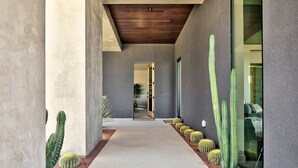 A modern building with a concrete exterior, a wooden ceiling, and a pathway lined with cacti.