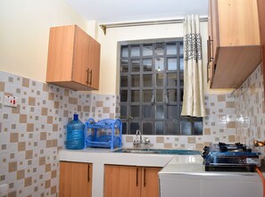 Kjøleskap, mikrobølgeovn, kokeplater og vannkoker