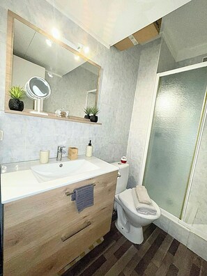 Shower, hair dryer, towels