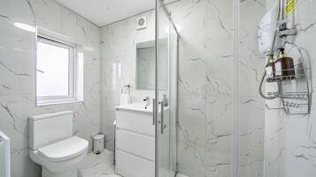 Shower, hair dryer, towels