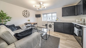 A compact living space with a sofa, a coffee table, a washing machine, a TV, and a kitchen area.