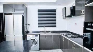 Fridge, microwave, dishwasher