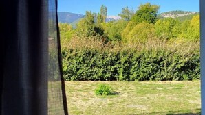Vista per una finestra amb cortina, que mostra una zona verda, arbustos densos i muntanyes llunyanes.