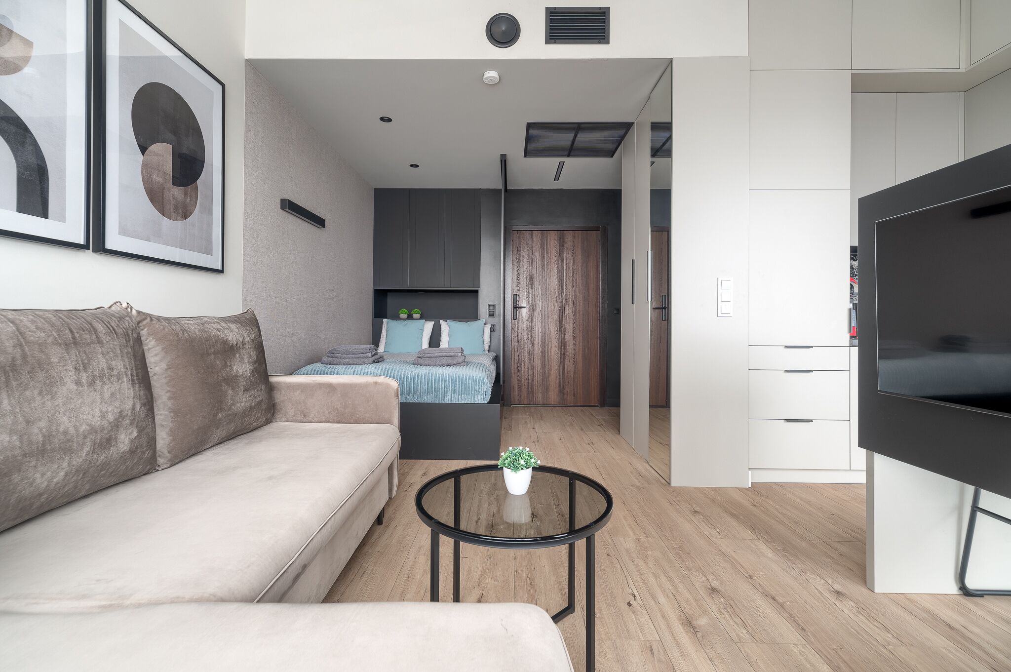 Una sala de estar moderna con sofá, una mesa de centro con planta, televisor, y un dormitorio con cama y armario.