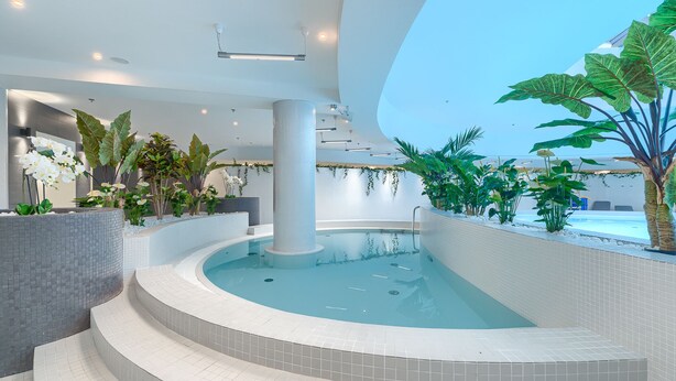 A modern indoor pool area with a curved design, surrounded by tiled walls and steps, and decorated with various plants and flowers. - MARGI Smart Apartment  (Szczecin)