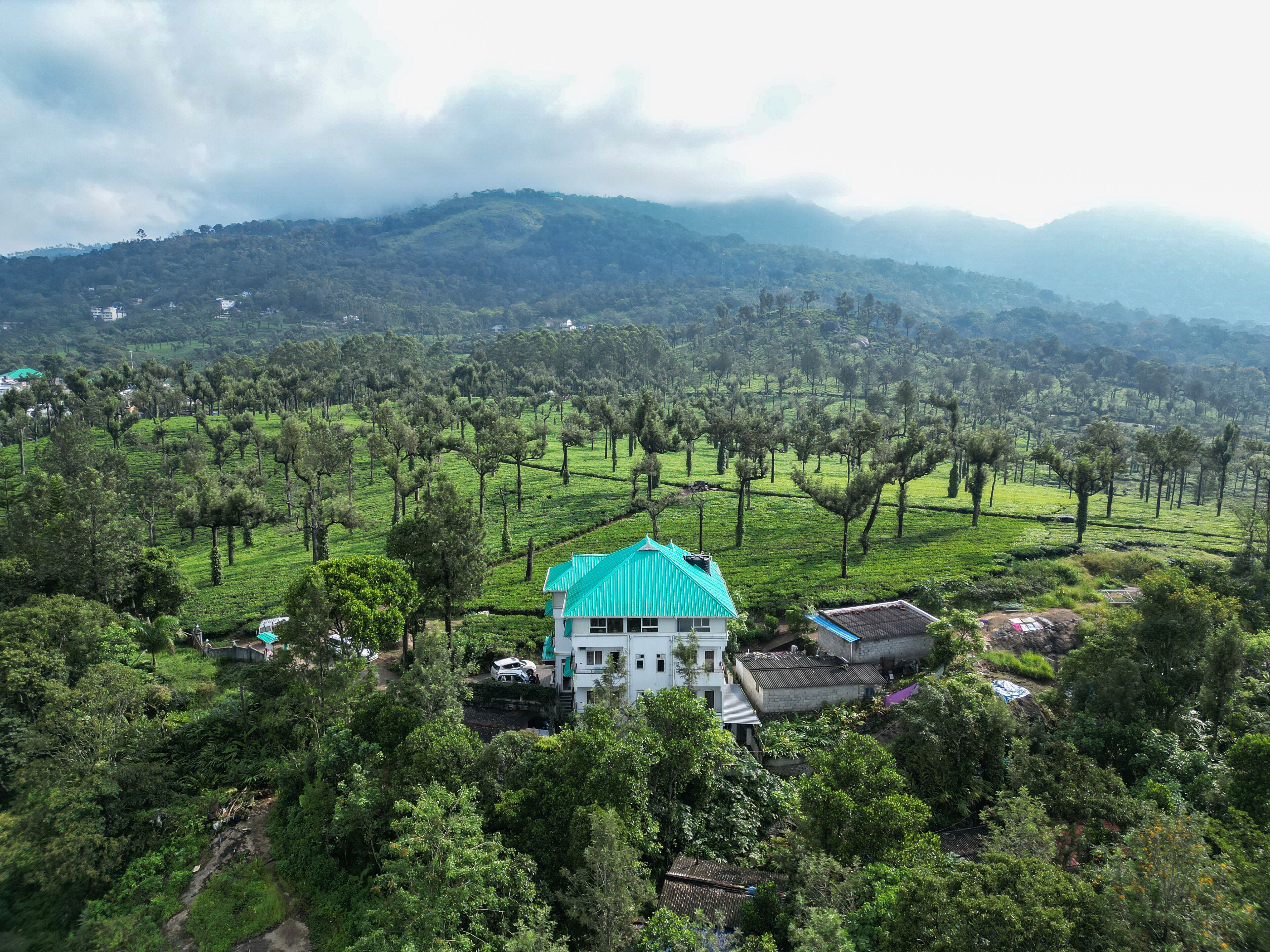 A building with a green roof amidst a lush green landscape with trees and hills in the background.