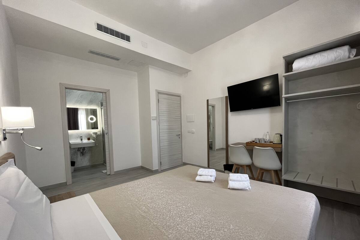 Una habitación de hotel con cama, escritorio, televisor, espejo y armario.