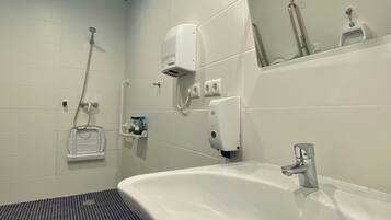 A modern bathroom with a large white sink, a handheld showerhead, and a mirror.