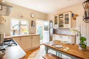 Fridge, microwave, electric kettle, toaster