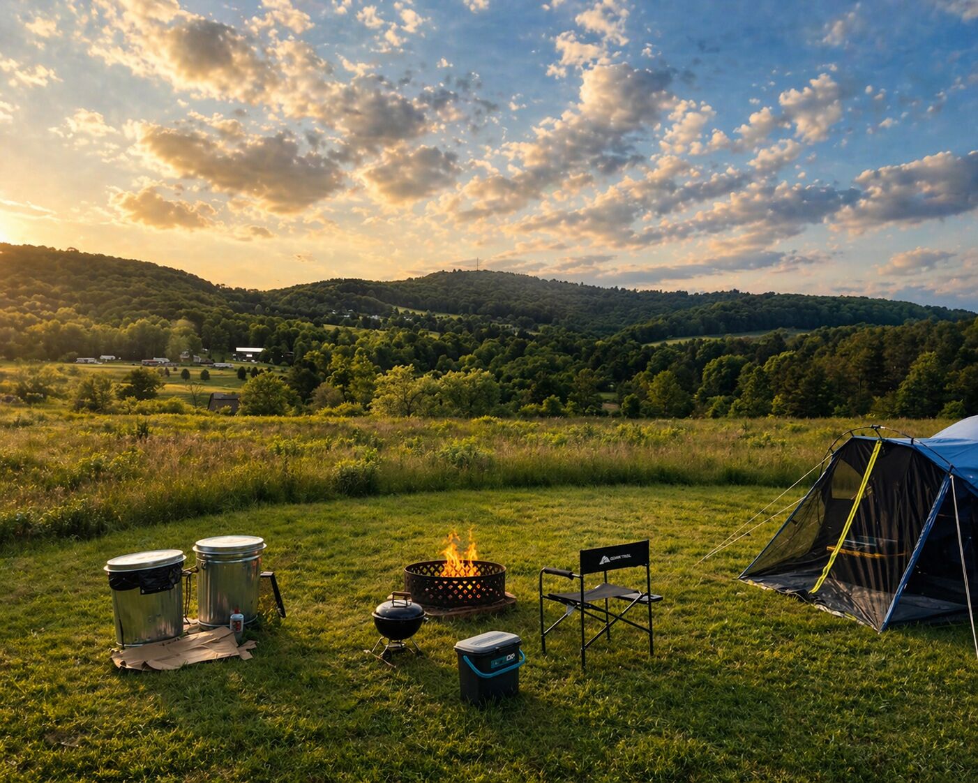 A camping setup with a tent, a portable grill, a chair, and trash bins in a grassy field with a forested hill in the background.