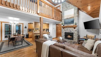 Älytelevisio, takka, kirjoja, työhuone