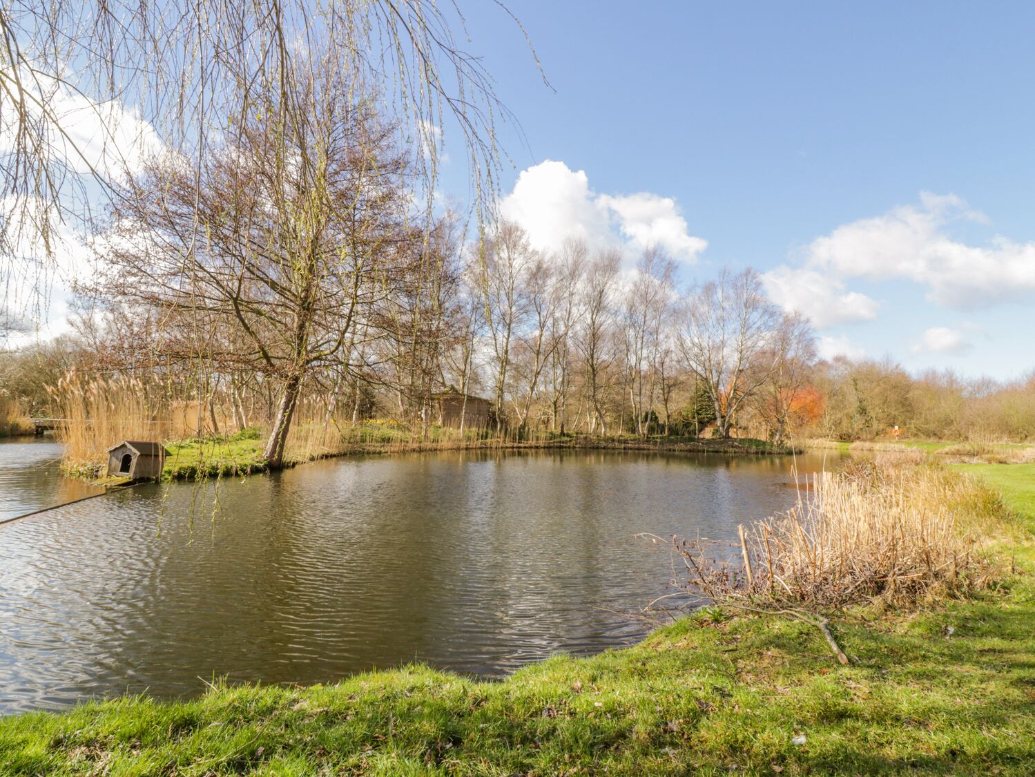 A calm river with a small wooden structure on the bank, surrounded by trees and grassy areas.