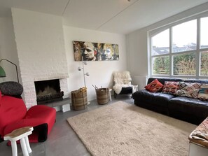 Télévision, cheminée, livres