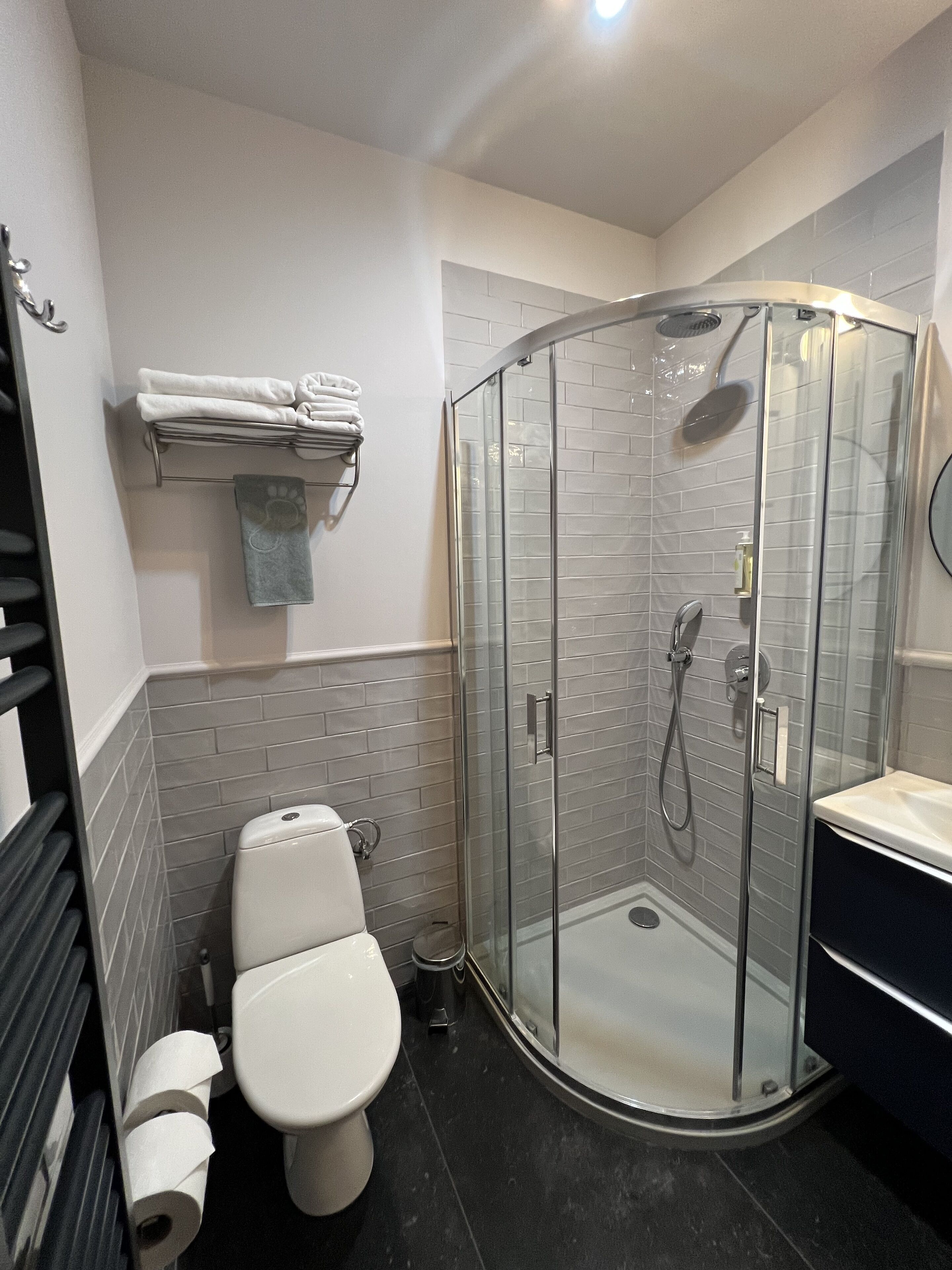 Ein Badezimmer mit Duschkabine, Toilette und Handtuchhalter mit gefalteten Handtüchern.