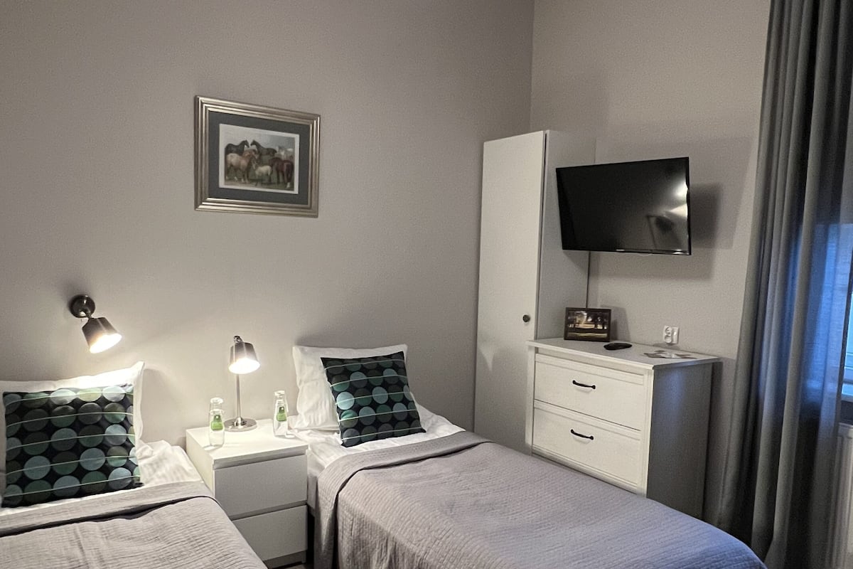 Habitación de hotel con dos camas, televisor, cómoda, mesita de noche, lámpara y un cuadro en la pared.
