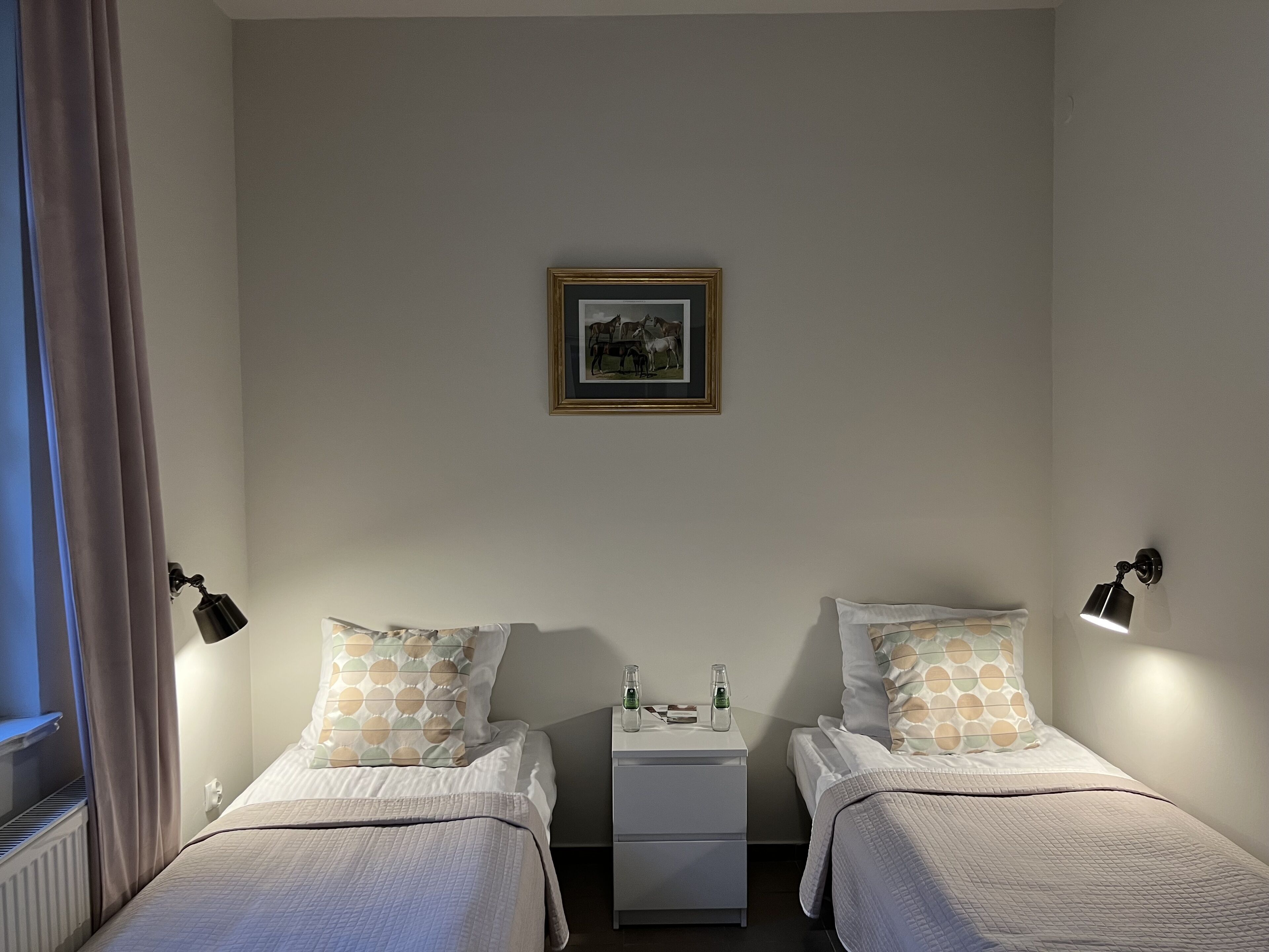 Une chambre avec deux lits, une table de chevet, un tableau encadré au mur et une fenêtre avec des rideaux.