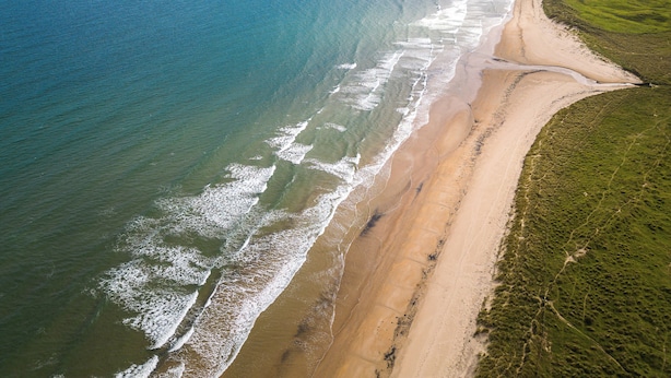 Vista aérea de una playa con una extensa franja de arena y zonas de césped.