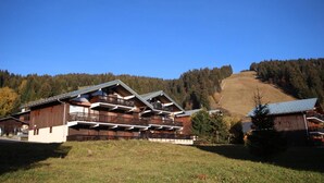 Un chalet en bois doté de plusieurs balcons, situé au pied d’une colline boisée, avec un ciel bleu dégagé en toile de fond.