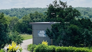 En grusgång leder fram till en liten träbyggnad med skylten ”Alamo Springs Country Cottages”.