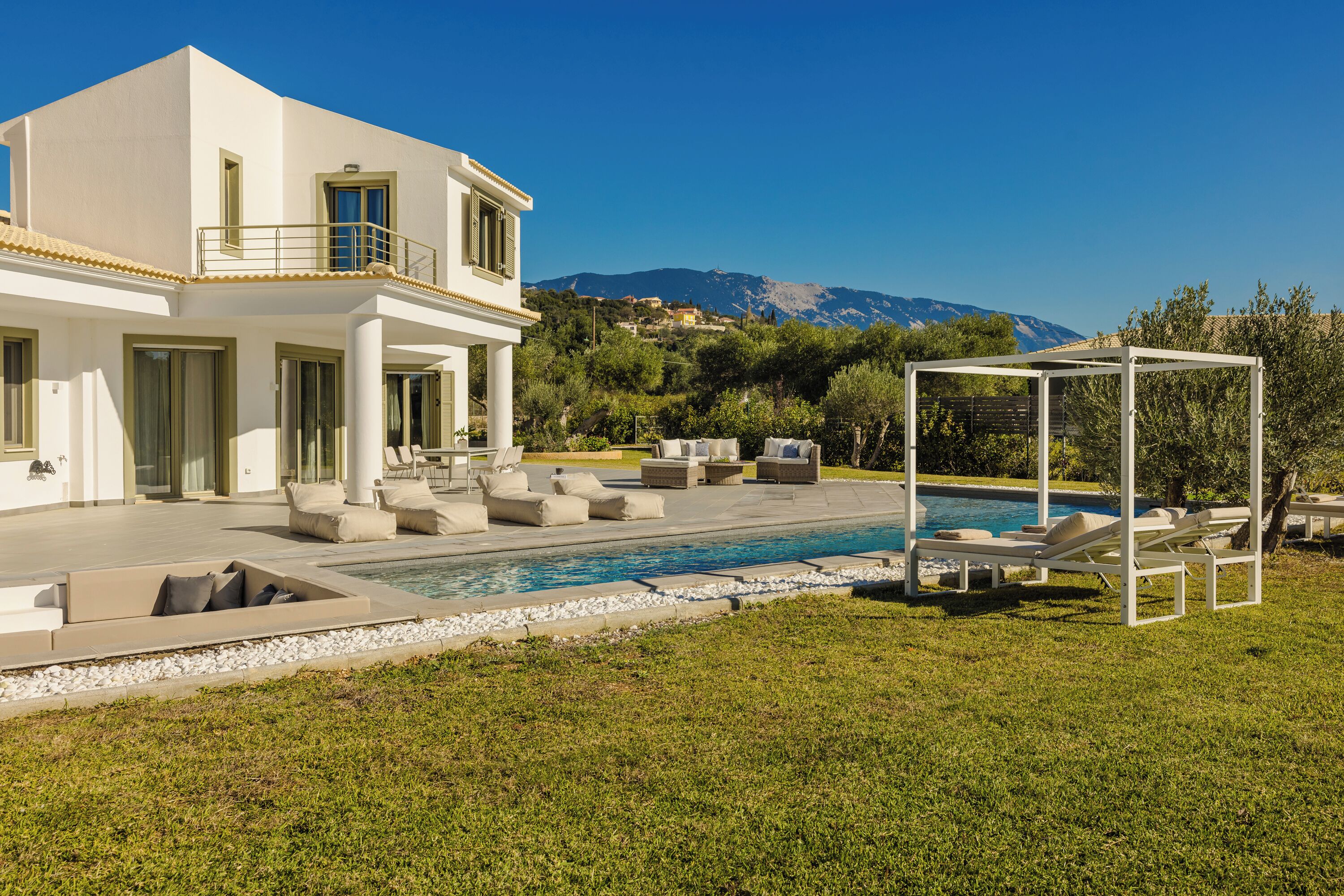 Outdoor pool, pool umbrellas, pool loungers