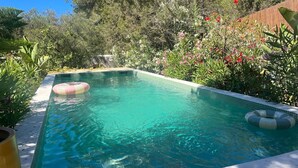 Una piscina rectangular con agua azul cristalina, rodeada de exuberante follaje y plantas en flor.