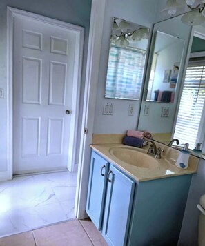 Hair dryer, towels, soap, shampoo