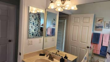 Hair dryer, towels, soap, shampoo