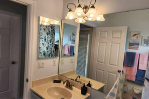 Hair dryer, towels, soap, shampoo