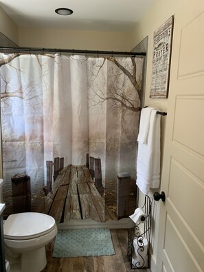 Hair dryer, towels, soap, shampoo