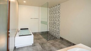 Een moderne badkamer met een douchecabine van glas, een badkuip en een toilet.