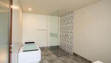 Separate bathtub and shower, bathrobes, slippers, bidet