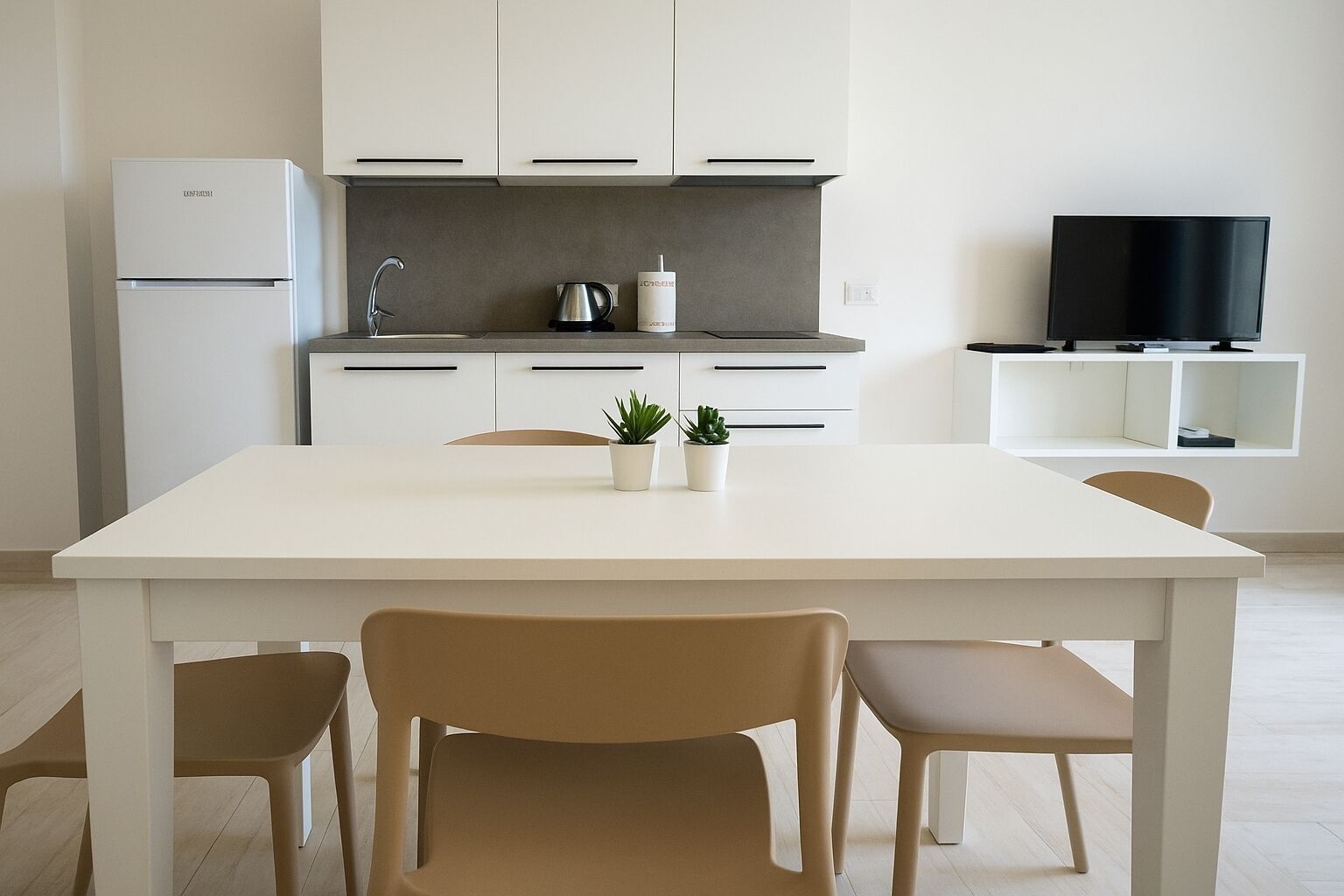 A modern kitchen with white cabinets, a stainless steel refrigerator, a coffee maker, and a television on a stand.