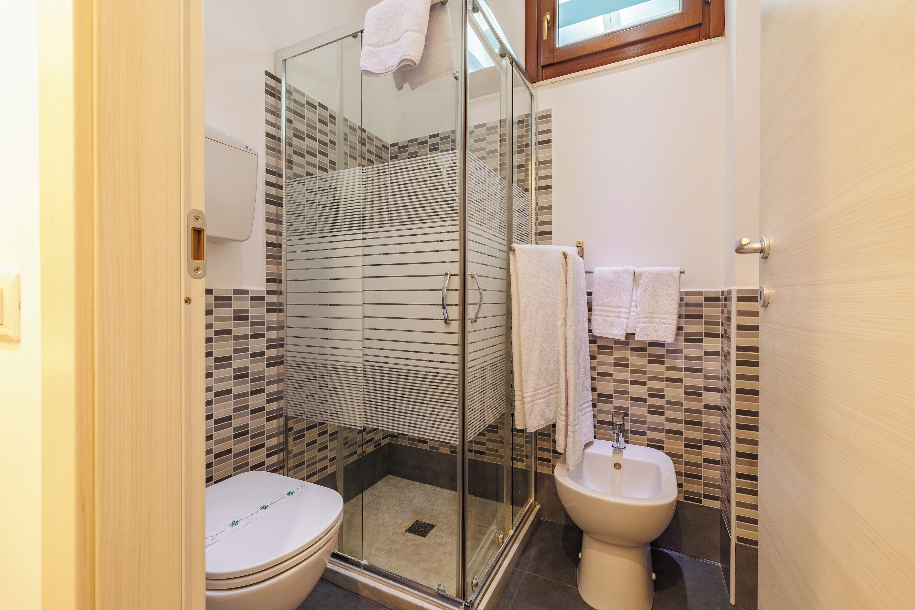 Ein Badezimmer mit Duschkabine, Toilette und Bidet.