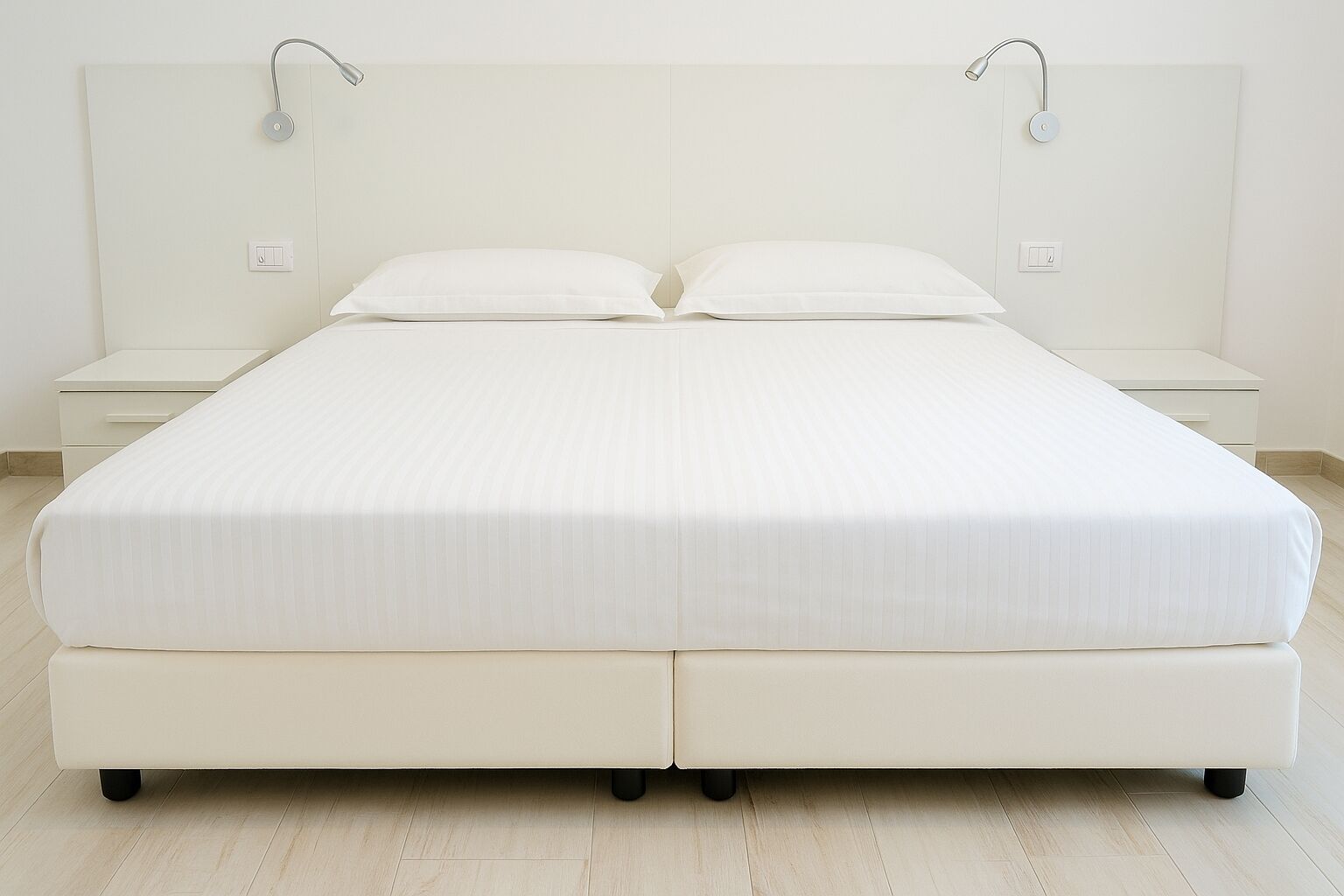 A bed with a white mattress and headboard, two nightstands, and a light switch on the wall.
