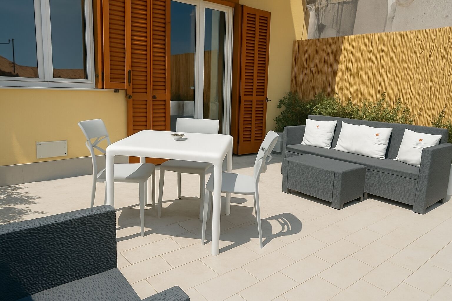 An outdoor patio with a white table and chairs, a grey sofa with white cushions, and a wooden fence.