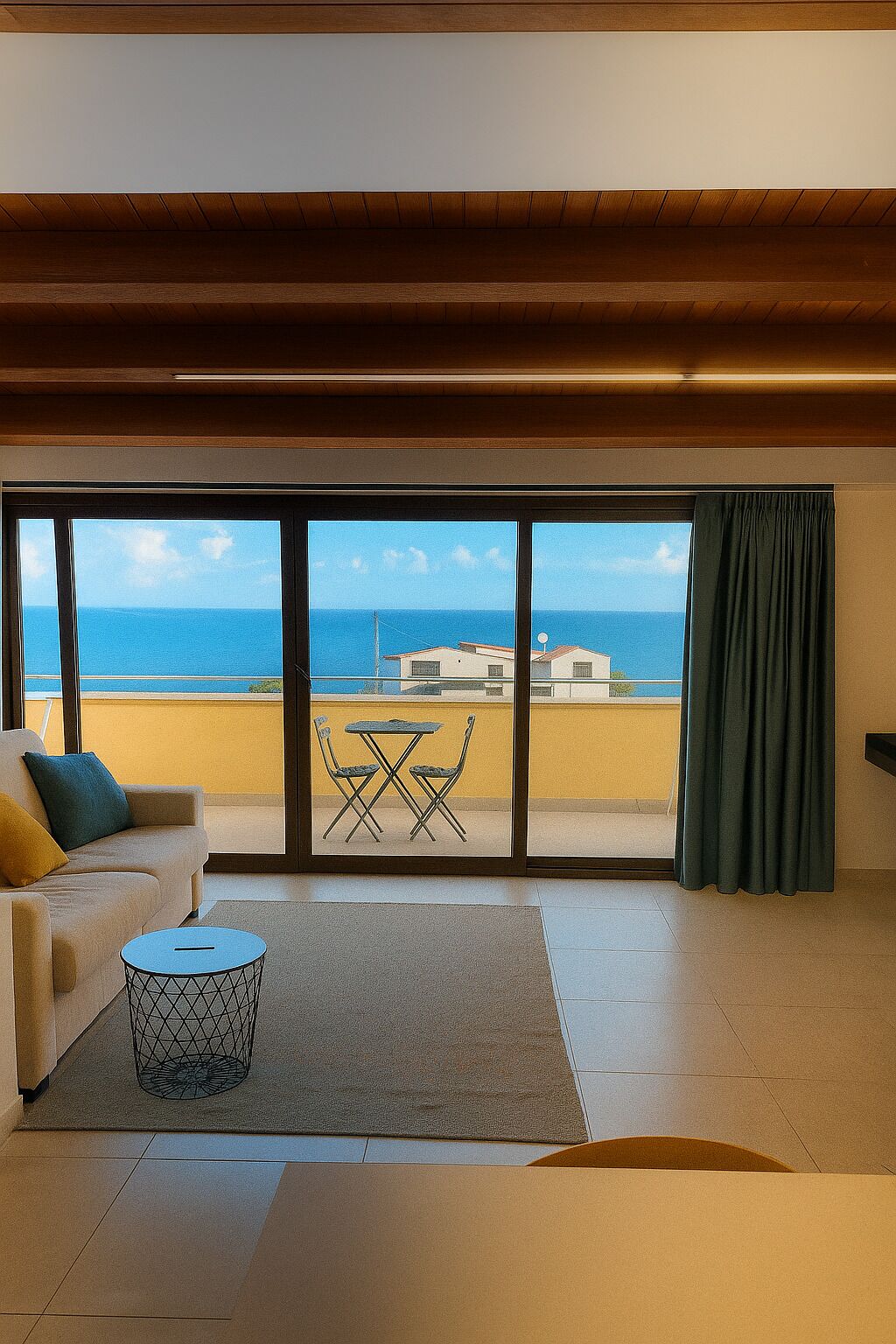 Un soggiorno con un'ampia porta scorrevole in vetro che dà su un balcone con vista sul mare.