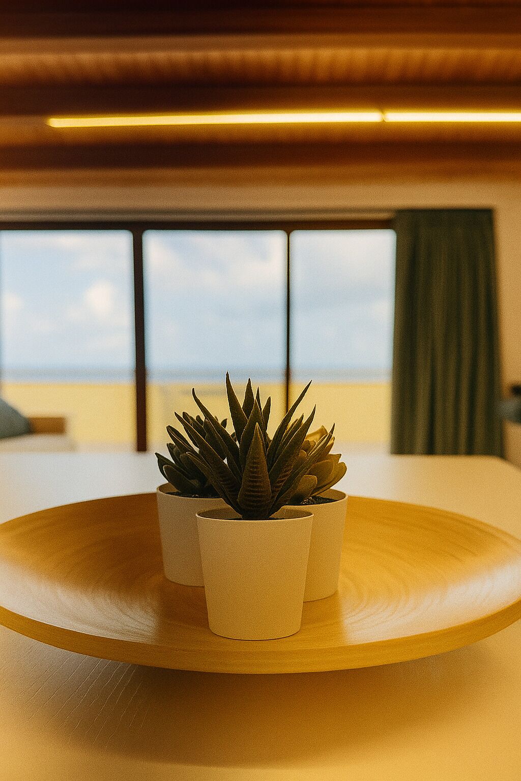 A room with a wooden table, two potted plants, and a view of the beach through large windows.