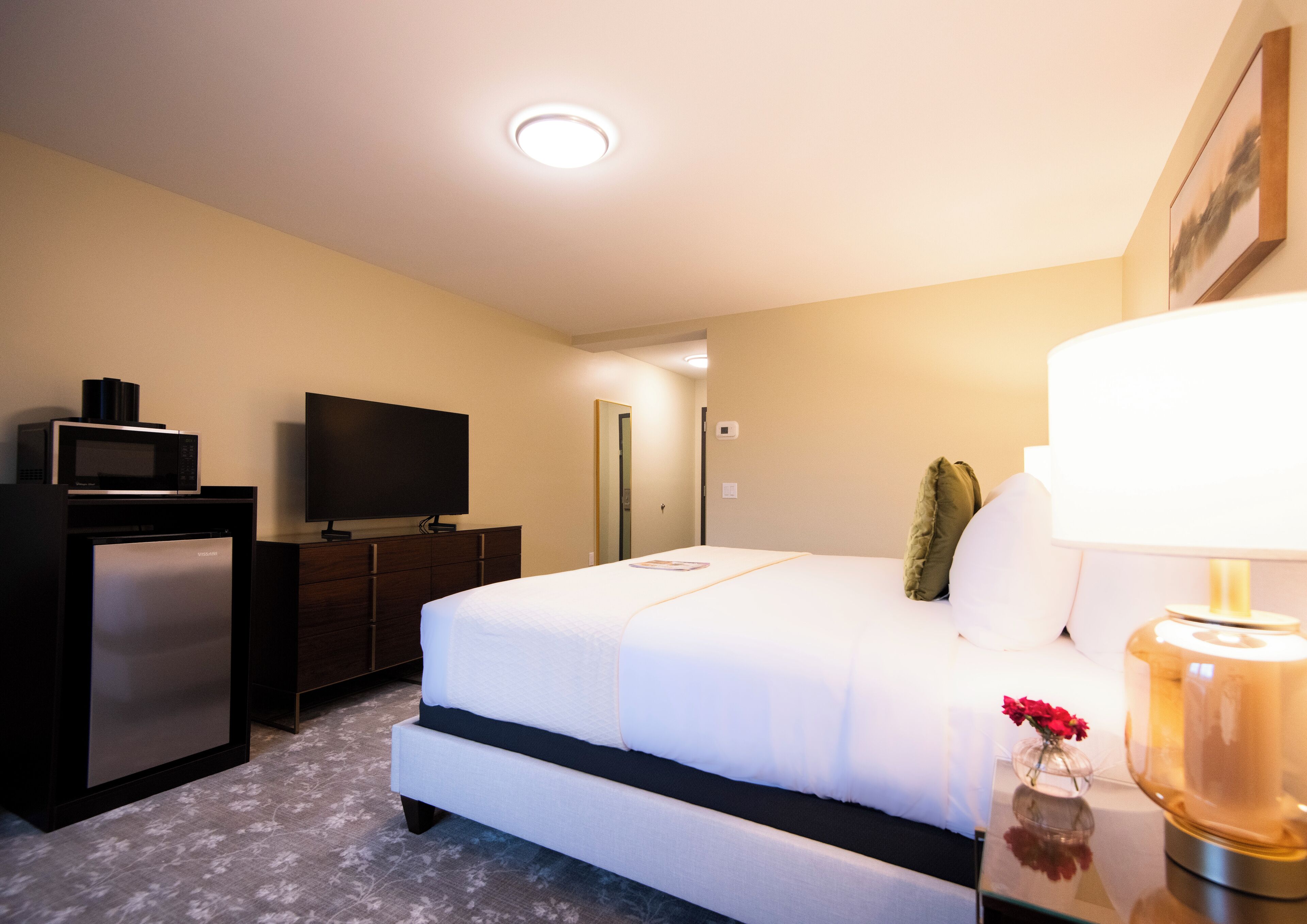 A hotel room with a bed, a television, a microwave, and a refrigerator.
