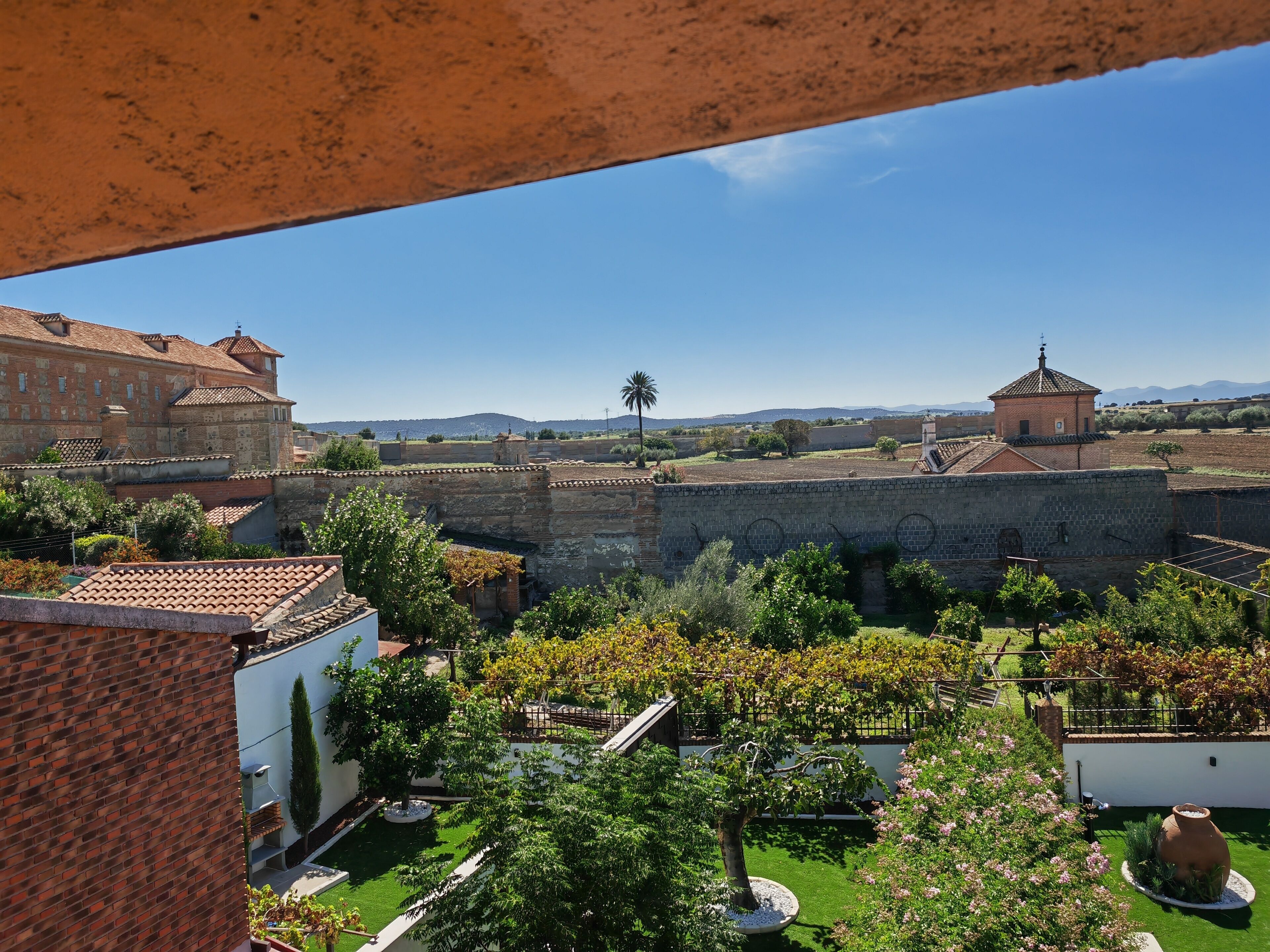 Ein Innenhof mit Blick auf ein historisches Gebäude, ein Garten mit Bäumen und einem großen Blumentopf, und ein klarer, blauer Himmel.