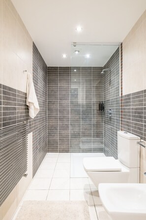 Shower, hair dryer, bidet, towels