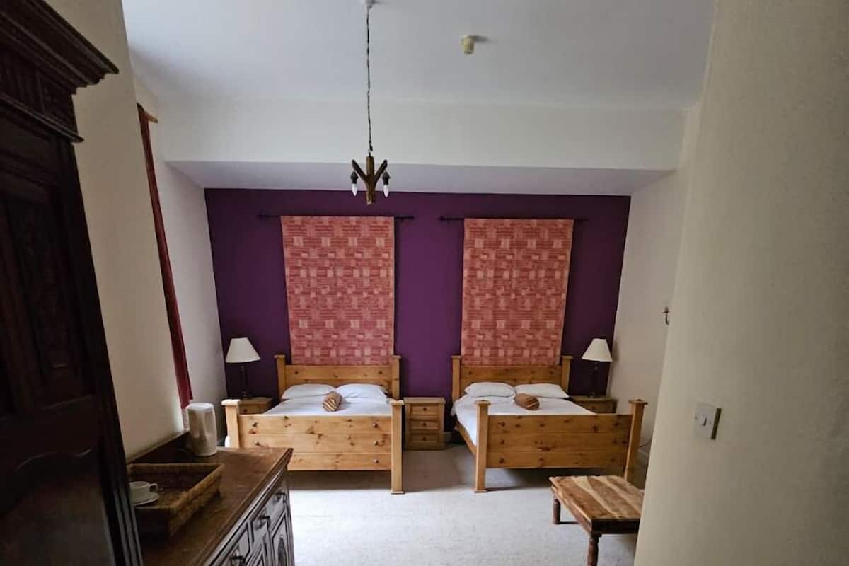 A bedroom with two wooden beds, a dresser, a ceiling fan, and a window with curtains.