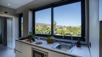 Appartamento Deluxe, vista montagna | Cucina privata | Frigorifero con congelatore, microonde, piano cottura