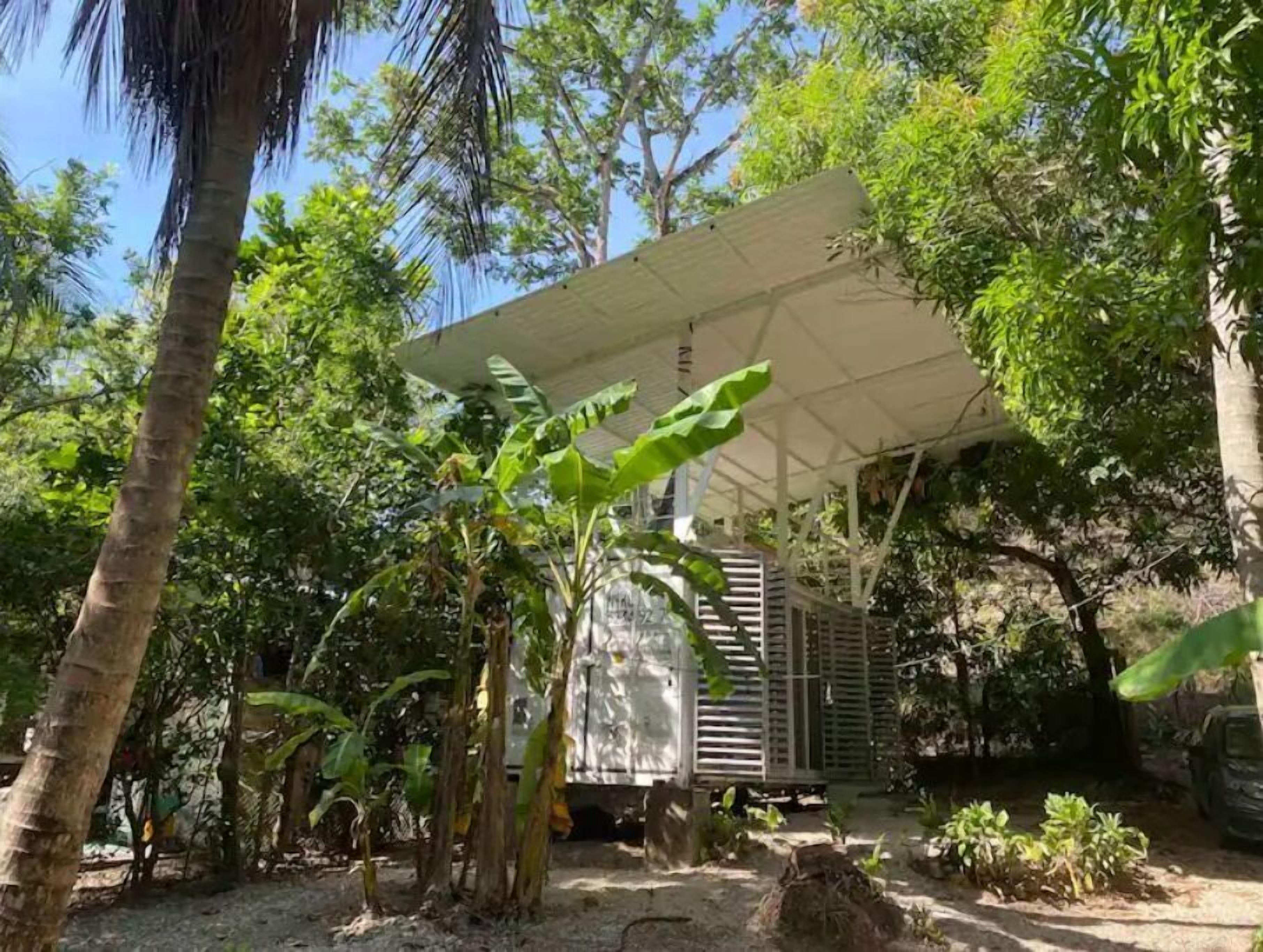 A covered outdoor area with a white roof, surrounded by lush greenery and trees.