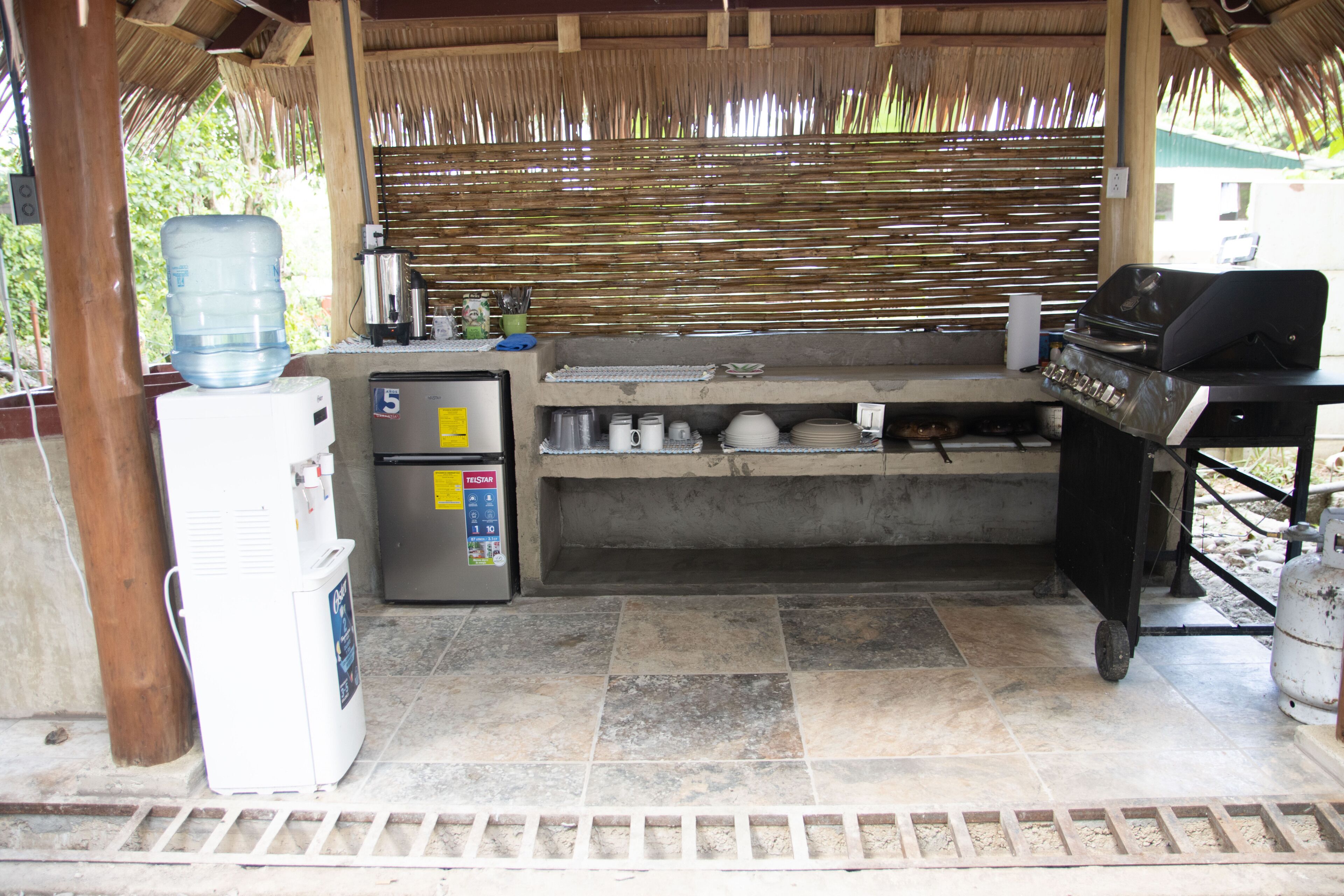 Fridge, stovetop, coffee/tea maker, cookware/dishes/utensils