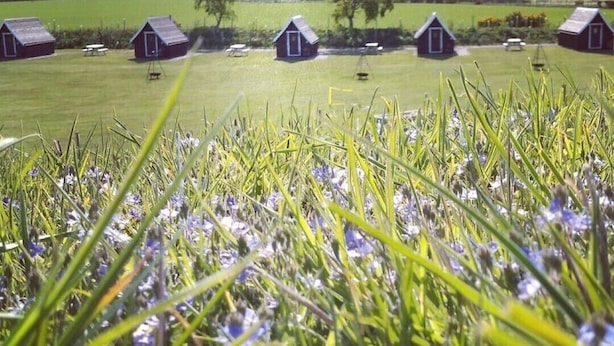 Un paysage rural parsemé de plusieurs petites cabanes rustiques.