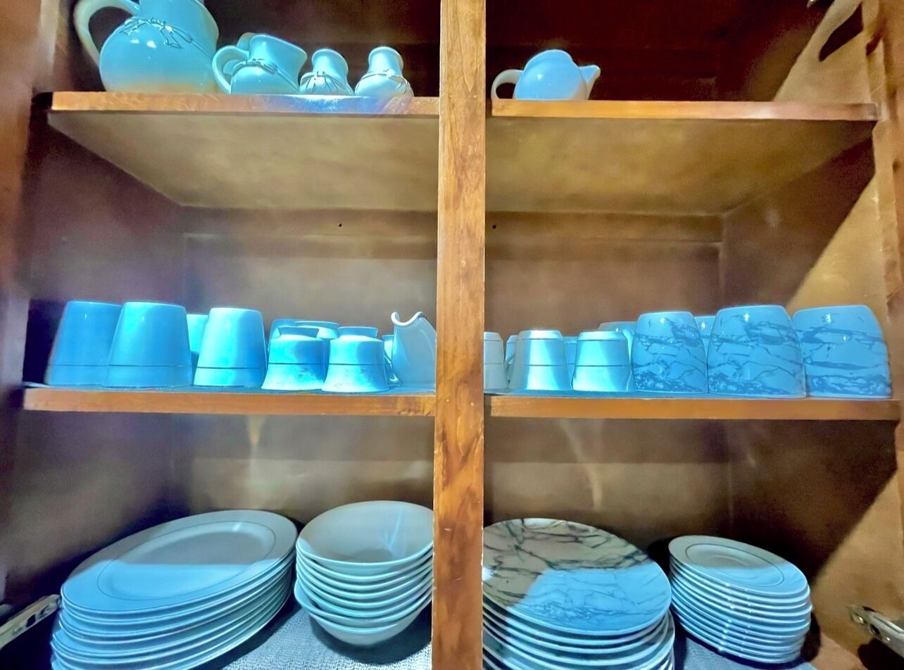 Un espacio de almacenamiento con estanterías que contienen varios utensilios de cocina.
