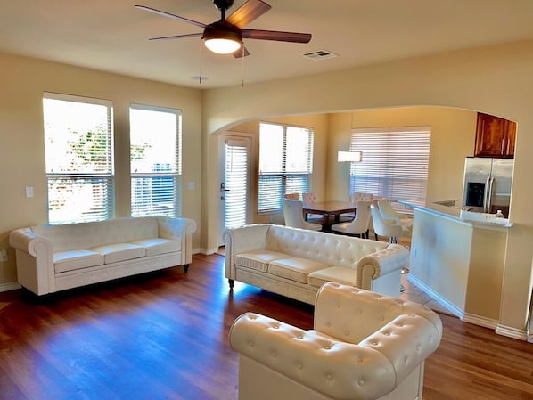 Smart TV, fireplace, books