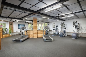 Une salle de sport équipée de tapis de course, de vélos elliptiques et de matériel de musculation.