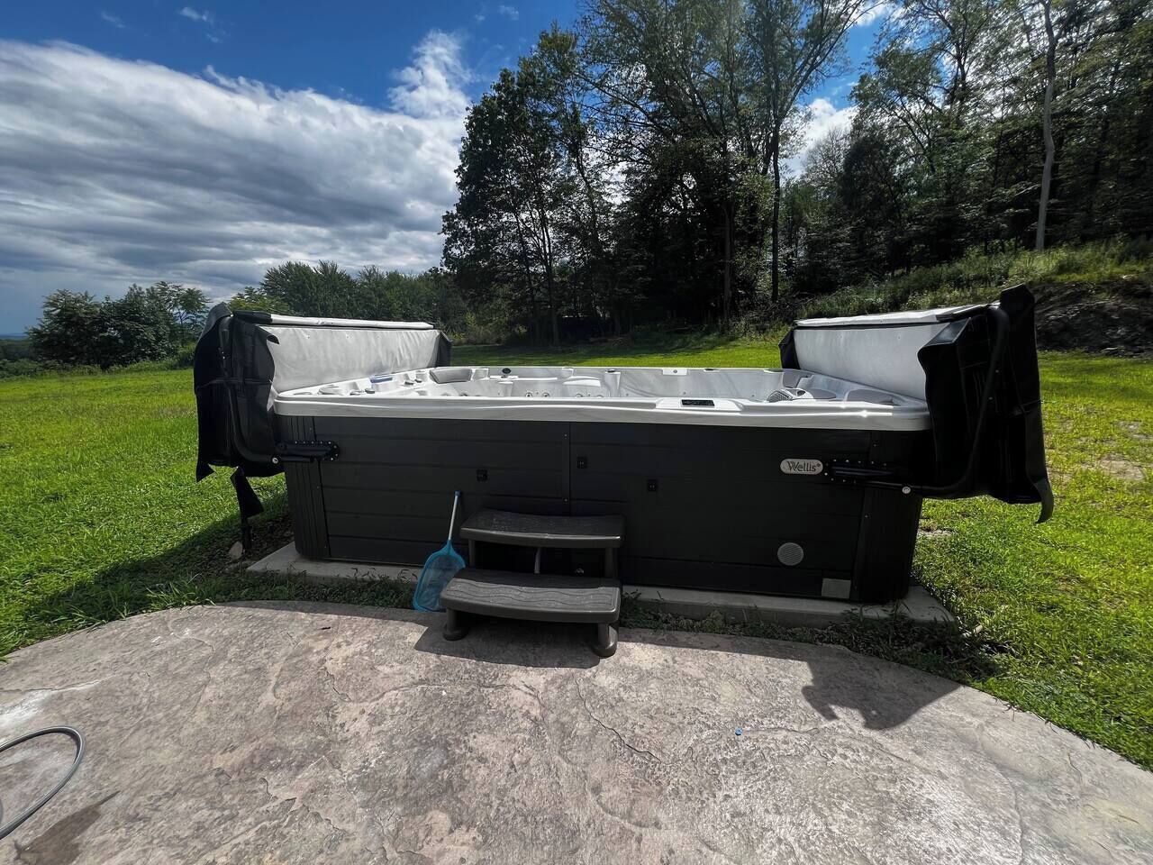 A hot tub with a built-in seat and steps, surrounded by a grassy area with trees in the background.