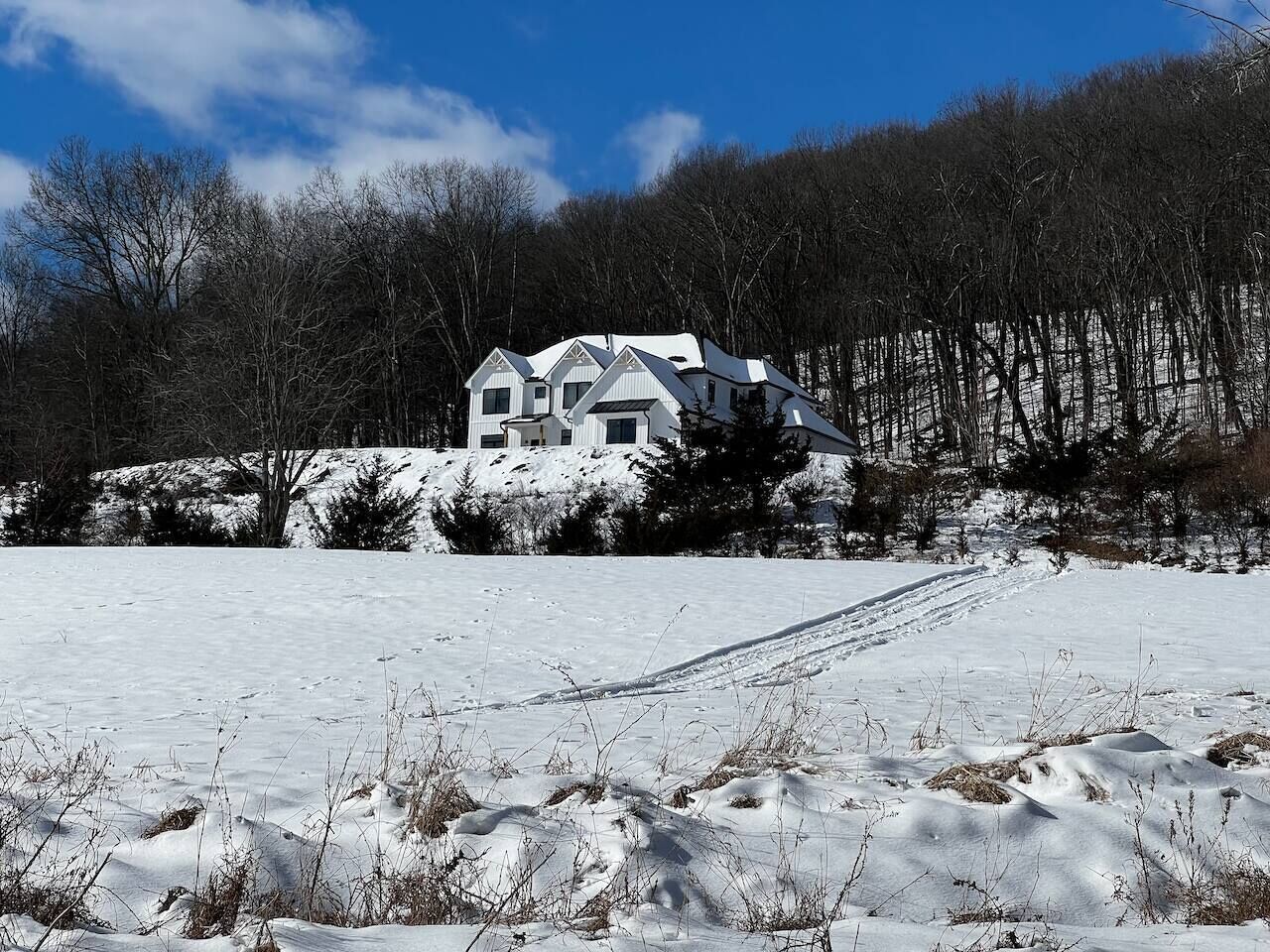 A snow-covered landscape with a house on a hill, surrounded by trees.